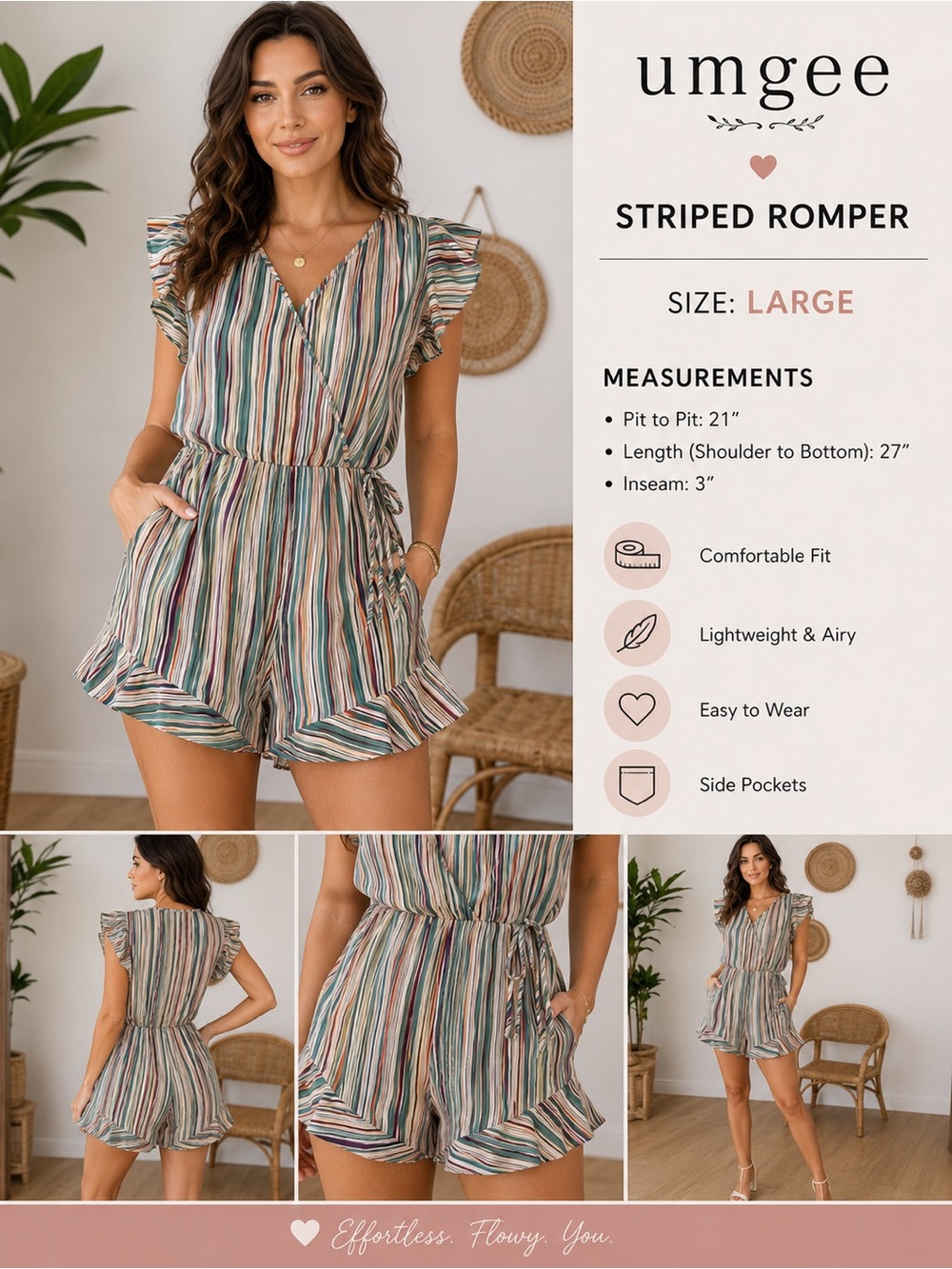 Umgee Striped V-Neck Romper in Multicolor Stripe